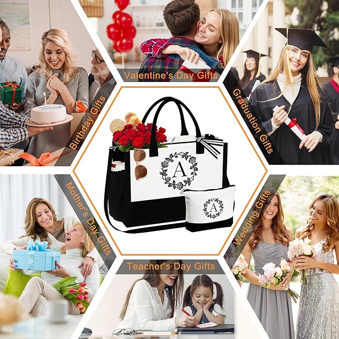 YOOLIFE Initial Tote Bag for Women, Personalized Gifts Beach Bag with Makeup Bag Teacher Gifts Unique Gifts for Women Her Sister Friends Birthday Gifts for Women Mom Wife Wedding Gifts Bag Letter P