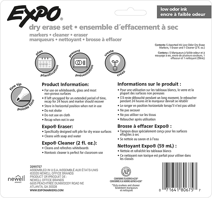 EXPO Low Odor Dry Erase Marker Set with White Board Eraser and Cleaner, Fine Tip Dry Erase Markers, Assorted Colors, 7 Piece Set with Whiteboard Cleaner