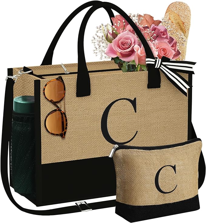 YOOLIFE Christmas Gifts for Women - Initial Jute Tote Bag & Makeup Bag, Birthday Gifts for Women Her Mom Teacher Friend