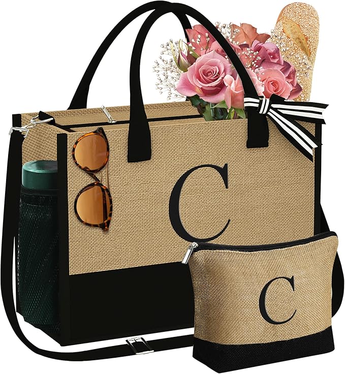 YOOLIFE Christmas Gifts for Women - Initial Jute Tote Bag & Makeup Bag, Birthday Gifts for Women Her Mom Teacher Friend
