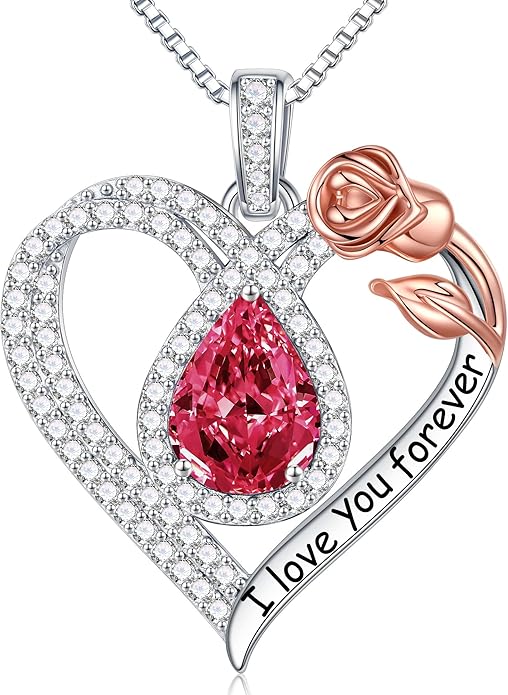 Hidepoo Christmas Gifts for Women Mom Wife - Sterling Silver Rose Heart Birthstone Necklace I Love You Forever Heart Pendant Teardrop Necklace Jewelry Anniversary Valentines Christmas Birthday Gifts