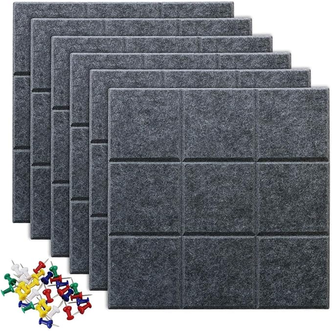 Large Cork Board Felt Board Tiles for Walls with 30 Push Pins, 11.8"x11.8" Pack of 6 Pin Board Notice Boards for Home Office Kitchen, Bulletin Board Wall Tiles for Photos Memos