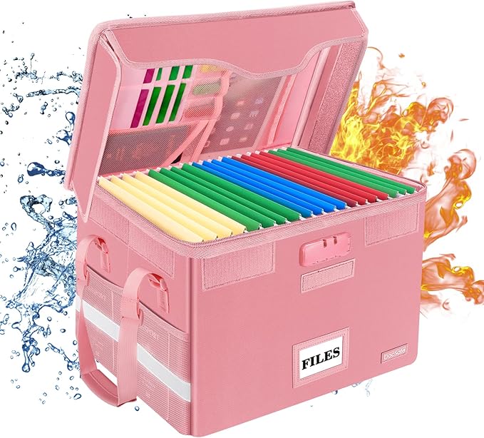 DocSafe File Box Fireproof Document Box with Lock,File Storage Organizer Box with Insert Pockets,Collapsible Portable File Box Home Office File Cabinet Safe for Hanging Letter/Legal Folder,Pink,2 Pack