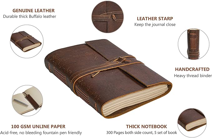 Leather Journal Notebook（6x8 in） - Vintage Leather Bound Journals Handmade Rustic Finish Book for Men and Women Unlined Leather Craft Paper 300 Pages, Leather Notepad Diary, Pocket Diary to Write in