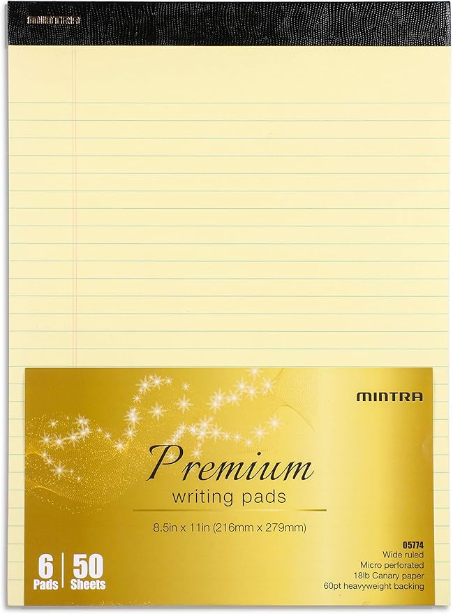 Mintra Office Legal Pads - ((PREMIUM CANARY 6pk, 8.5in x 11in, WIDE RULED)) - 50 Sheets per Notepad, Micro perforated Writing Pad, Notebook Paper for School, College, Office, Professional