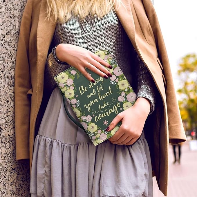 Lotusorchid Floral Bible Book Cover Case with Handle Pocket, Portable Bible Cover Case with Pen Storage, Sturdy PU Bible Tote Bag with Verse for Women Girls, Bible Accessories, Green,XL