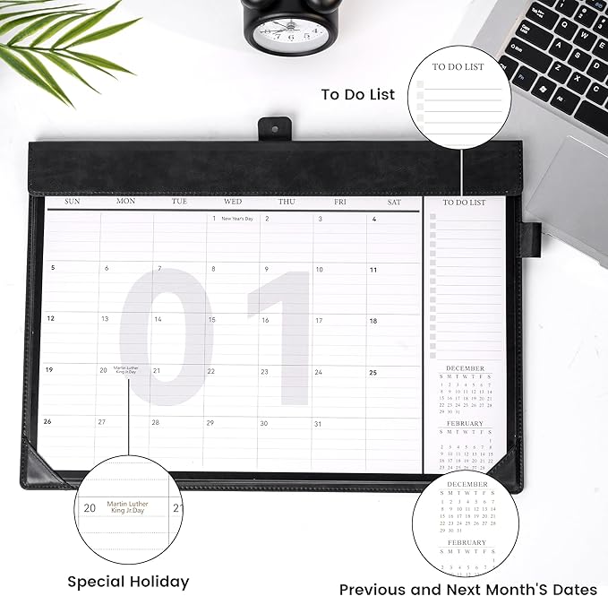 Desk Calendar 2025,12 Month Wall Calendar from Jan 2025-Dec 2025, Small Desk Calendar 12" x 8.5" with To-Do Lists, Leather Desk Pad Calendar with PVC Cover for Home School and Office,Black