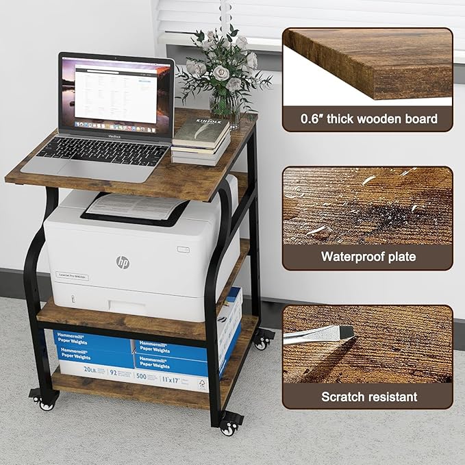 Natwind Large Printer Stand,24''x20''x29''Printer Table with Adjustable Storage Shelf,3 Tier Rolling Printer Cart with Wheels,Home Office Multifunctional Shelves for Heat Press,3D Printer (Retro)