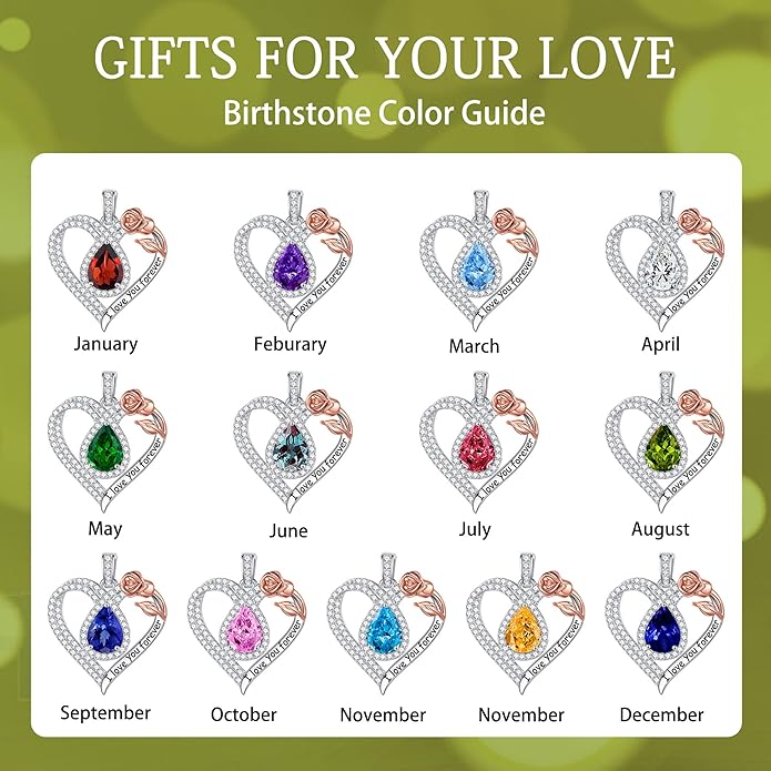 Hidepoo Christmas Gifts for Women Mom Wife - Sterling Silver Rose Heart Birthstone Necklace I Love You Forever Heart Pendant Teardrop Necklace Jewelry Anniversary Valentines Christmas Birthday Gifts