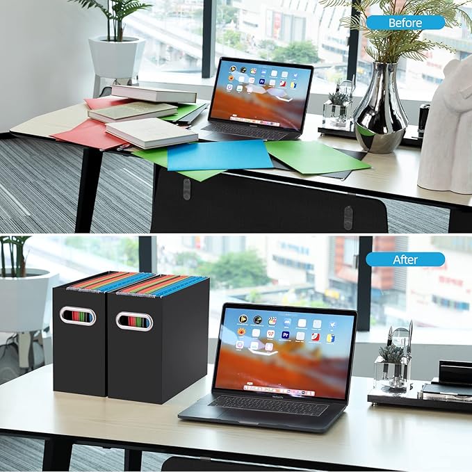 Oterri File Organizer, Small Storage Box, Cardboard File Folder Organizer, Collapsible File Box, Hanging File Organizer for Letter Size, Portable File Box with Handle, Only Box（Black，6 Packs）