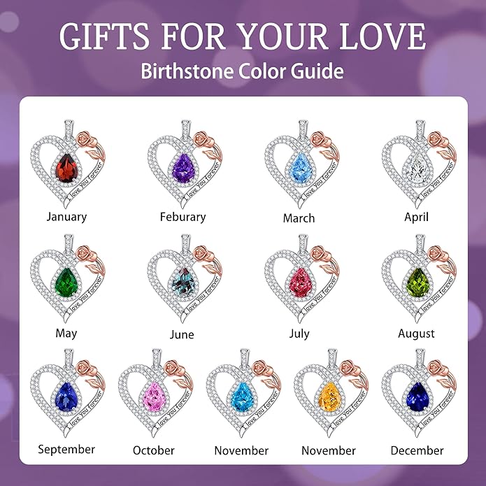 Hidepoo Christmas Gifts for Women Mom Wife - Sterling Silver Rose Heart Birthstone Necklace I Love You Forever Heart Pendant Teardrop Necklace Jewelry Anniversary Valentines Christmas Birthday Gifts