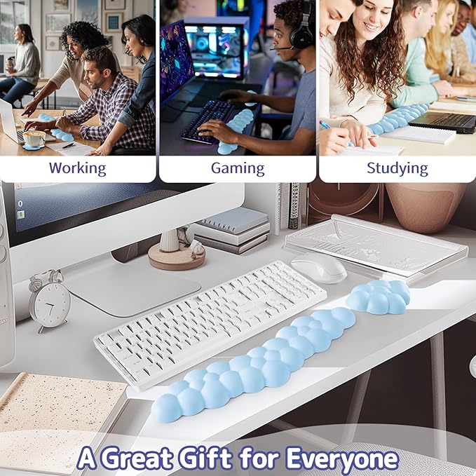 Cloud Wrist Rest Keyboard, Cloud Palm Rest Set with PU Leather Memory Foam, Cute Keyboard Rest for Wrist Support and Arm Rest, Desk Cloud Wrist Pad for PC/Gaming/Hand Cushion/Computer-Blue