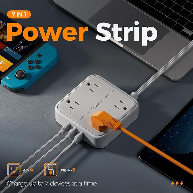 TESSAN 15 FT Extension Cord with USB, Surge Protector Power Strip with 4 Outlets 3 USB A Ports, Multiple 3 Prong Flat Plug, Mountable Desk Charging Station for Office, Home, Dorm Essentials