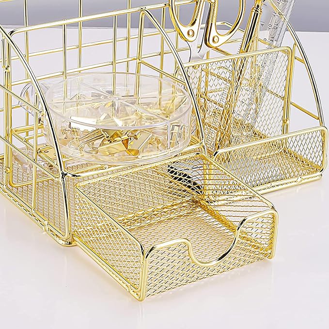 JUOPIEA Desk Organizers and Accessories Office Supplies Organizer with Pen Holder, 72 Clips Set and Phone Stand, Metal Mesh Desktop Organizers with Drawer for Home, Office, School Ect (Gold)