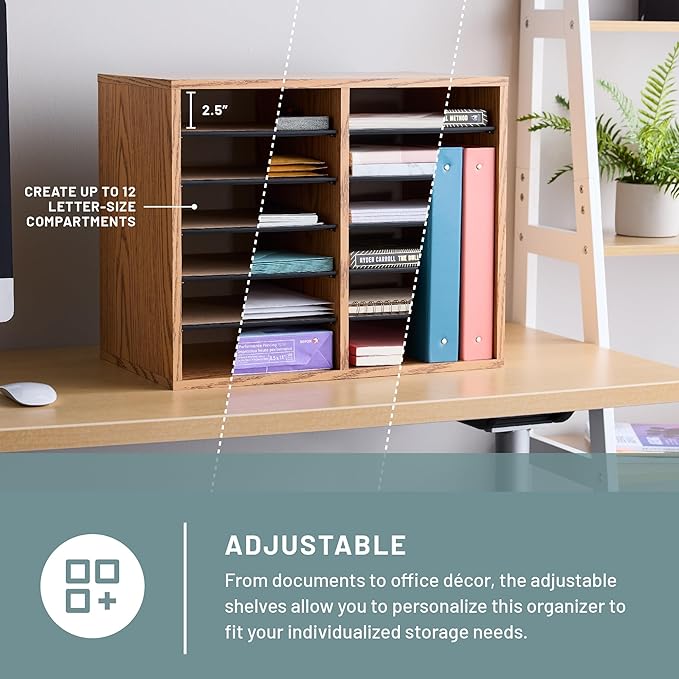 Safco Wooden Paper and Mail Organizer for Home Office and Classroom, Adjustable Shelves and Stackable