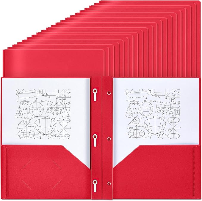 Lincia 100 Pcs Plastic Folders with Pockets and Prong Folders with Prongs Plastic Folders with 2 Pockets Pocket Folders for Office, School for Students, Teachers, Office Workers (Red)