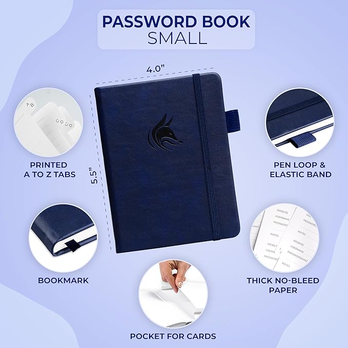 Clever Fox Password Book with Alphabetical tabs. Internet Address Organizer Logbook. Small Pocket Password Keeper for Website Logins (Dark Blue)