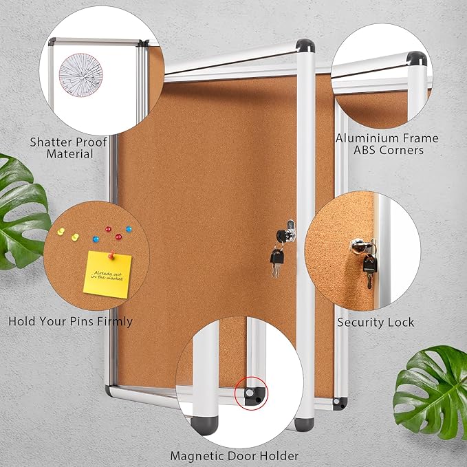 SWANCROWN Enclosed Bulletin Board,Lockable Cork Noticeboard for School Office,Wall Display Case with Lock 20"x14"(2xA4)