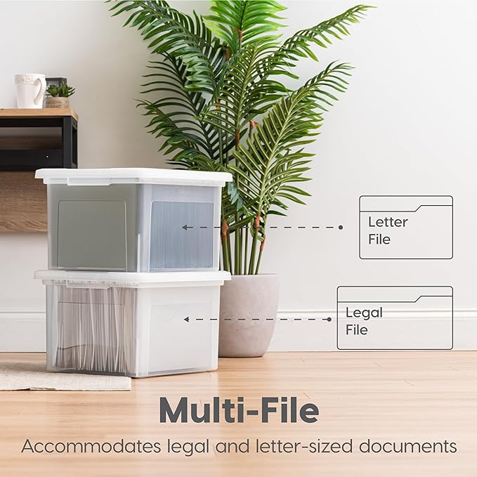 IRIS USA File Box File Organizer Plastic File Box for Letter/Legal File, BPA-Free Plastic Storage Bin Tote Organizer with Durable and Secure Latching Lid, Stackable, Nestable, Pearl 35 Qt. 4 Pack