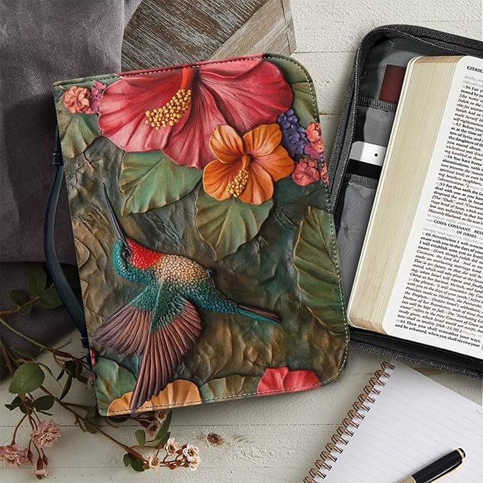Lotusorchid Leather Bible Book Cover Case with Handle Pocket, Hummingbird Bible Cover Case with Pen Storage, Sturdy PU Bible Tote Bag, Bible Accessories, M