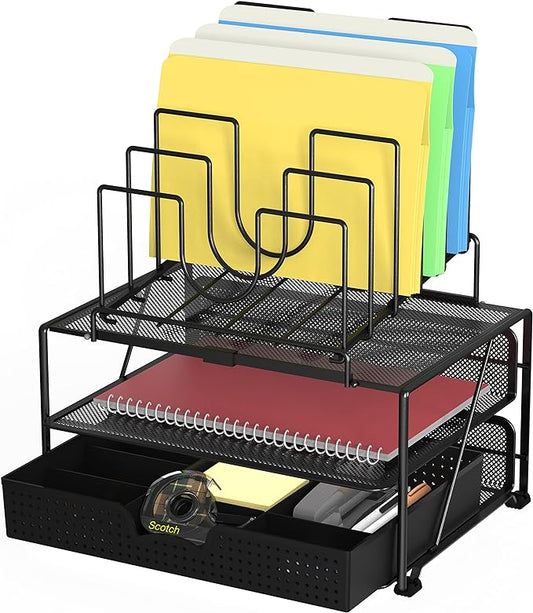 Deco Brothers Desktop File Organizer with Double Tray and 5 Folder Stand, Black