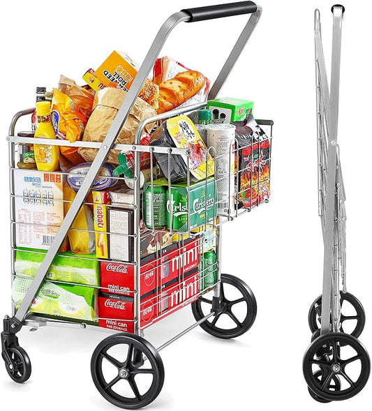 Wellmax Shopping Cart, Metal Grocery Carts For Groceries, Folding Cart For Convenient Storage And Holds Up To 160lbs, Dual Swivel Wheels and Extra Basket, Silver