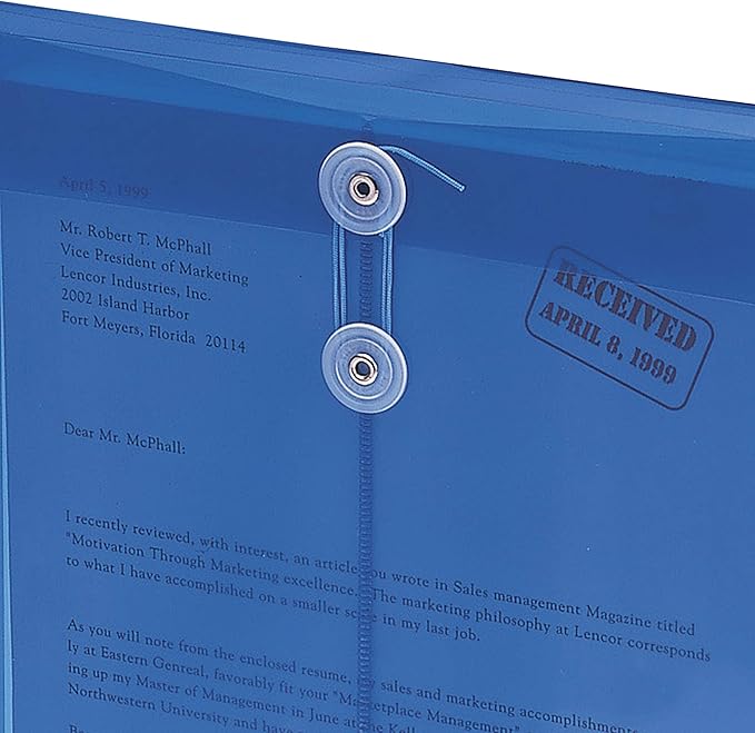 Smead Poly Envelope, 1-1/4" Expansion, String-Tie Closure, Top Load, Letter Size, Blue, 5 per Pack (89542)