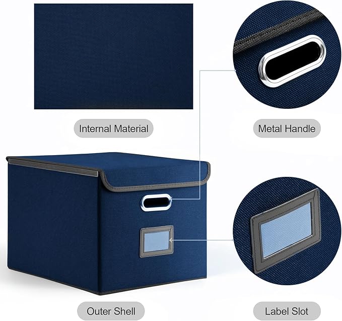 File Organizer Box with Lid, Collapsible File Folder with Plastic Slide for Office/Decor/Home, Hanging Office Document Storage, 14.9 6x 12.6 x 10.83 inch，1 pack - without folders,Blue