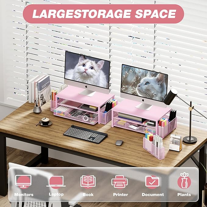 Desk Organizers and Accessories, 2-Tier Computer Monitor Stand for Desk Organizer with Drawer and 2 Pen Holders, Office Desk Accessories Workspace Desktop Organizers for Office Supplies, Pink