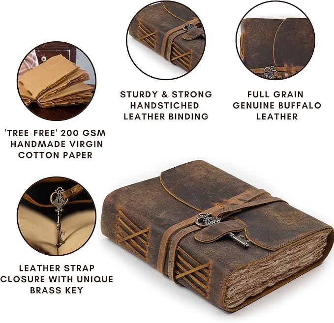LEATHER VILLAGE Vintage Leather Journal – 200 Handmade Vintage Deckle Edge Paper – Leather bound Journal For Women Men – Vintage Key Closure - Book of Shadows - Cappuccuno Brown - 8X6 inches (A5)