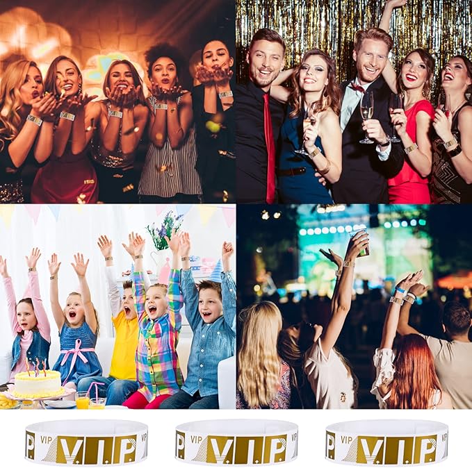 100 Pcs VIP Wristbands for Events Waterproof Paper Bracelets Lightweight Event Wristbands for Party Concert Club Amusement Park Festivals (Gold)