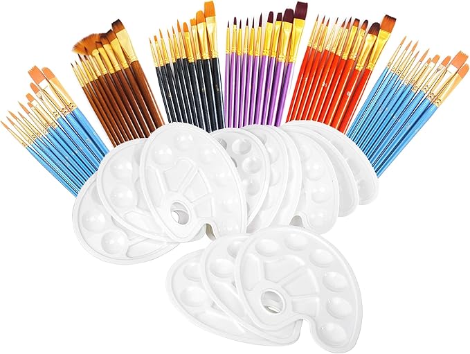 72 Pcs Painting Brush Palette Set, 60 Pcs Paint Brushes with 12 Palettes for Kids or Adults to Create Art Paint Oil Watercolor