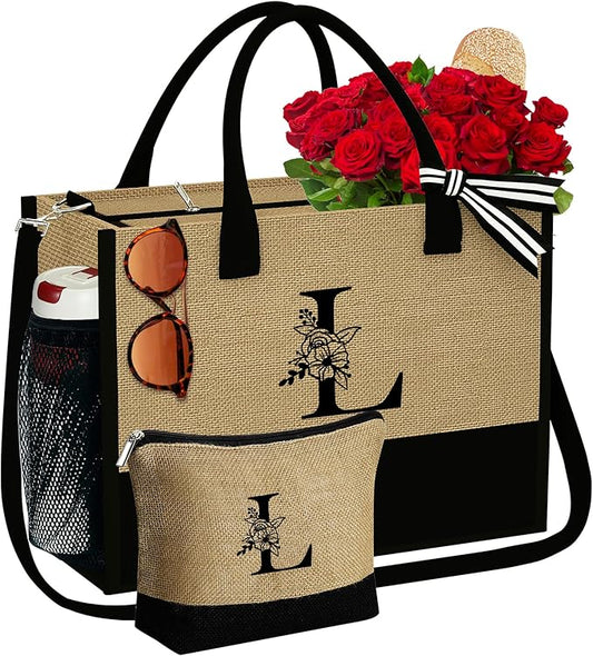 YOOLIFE Christmas Gifts for Women, Initial Jute Tote Bag with Zipper Grandma Mom Bride Teacher Gifts Birthday Gifts for Women