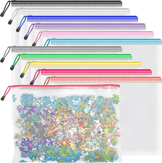 Umriox Mesh Zipper Pouch Puzzle Bags, 13.0x9.0 in (12 Colors, 12 Packs), Letter Size A4 Size Zipper Bags for Office Supplies Travel Accessories