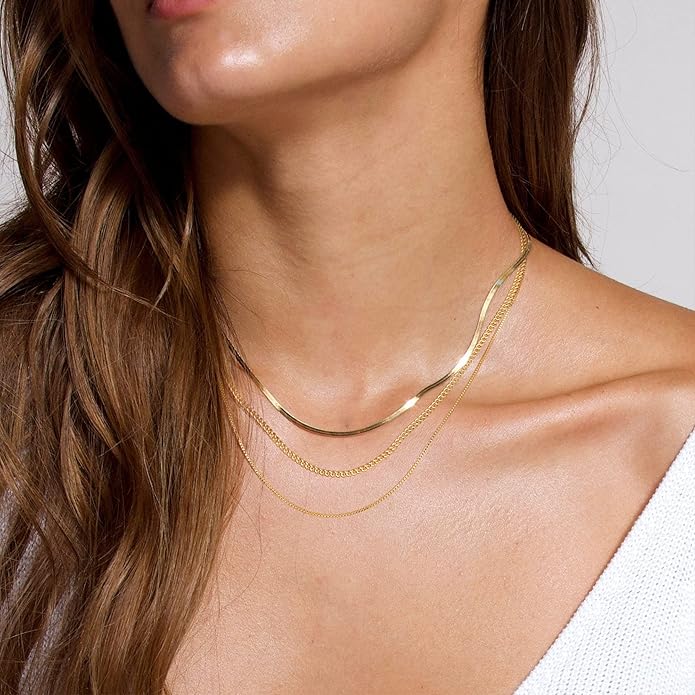 Herringbone Necklace for Women,Dainty Gold Necklace,14k Gold Plated Snake,Gold Chain Choker Necklaces,Simple Gold Layered Necklaces,Gold Jewelry Gift for Women