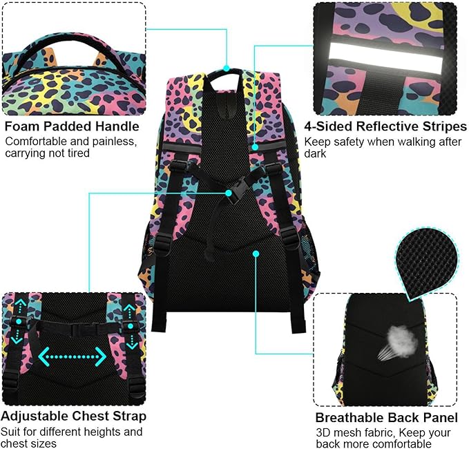 MNSRUU Laptop Backpack with Chest Strap, Leopard School Backpack, Travel Hiking Backpack for Boys Girls Teen Adult, Rucksack, Knapsack