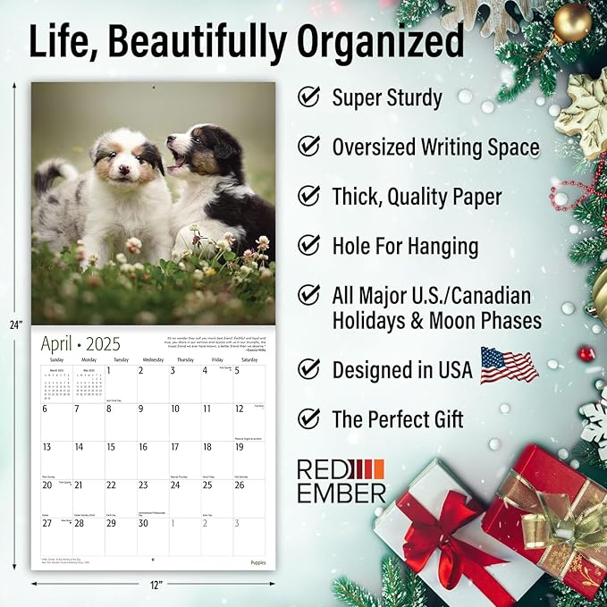 RED EMBER Puppies 2025 Wall Calendar 12 Month | 12" x 24" Open | Thick & Sturdy Paper | Giftable | Calendar 2025