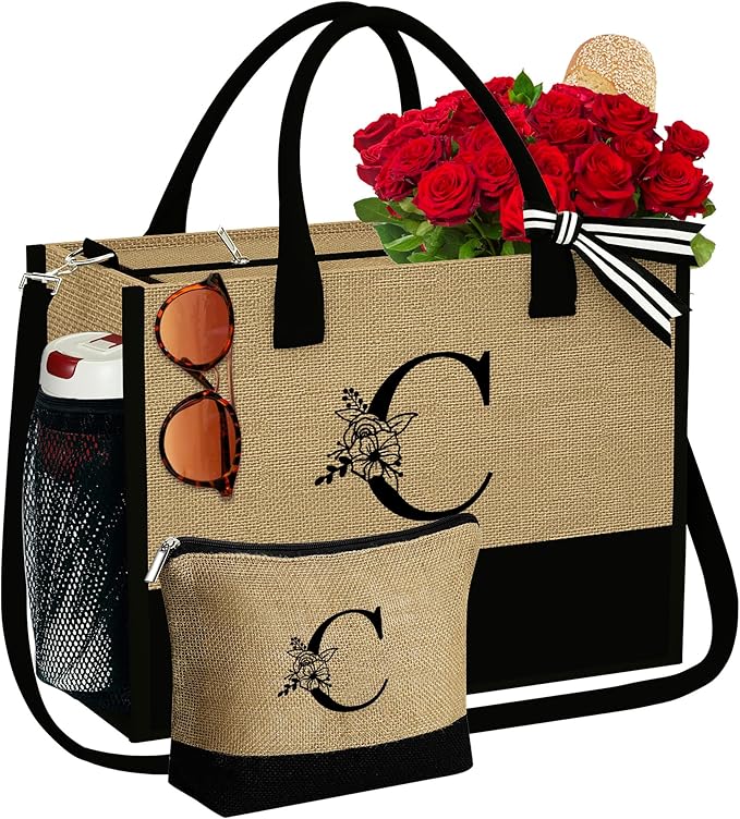 YOOLIFE Christmas Gifts for Women, Initial Jute Tote Bag with Zipper Grandma Mom Bride Teacher Gifts Birthday Gifts for Women
