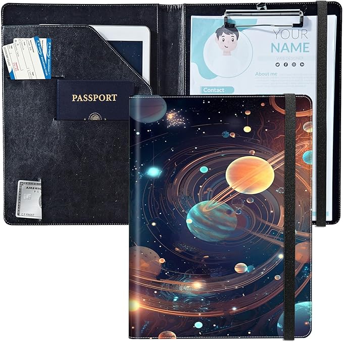 PU Leather Padfolio Clipboard Notepad with Pen Loop and Elastic Strap Interview/Resume Document Organizer for Business School Office,Starry Night Moons Sun