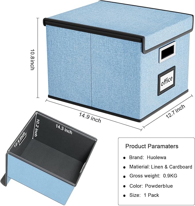 Huolewa Collapsible File Storage Organizer Box with Lid, Hanging File Folders Box Organizer with Plastic Slides, Decorative Home/Office Filing System Box for File and Folders Storage - Powderblue