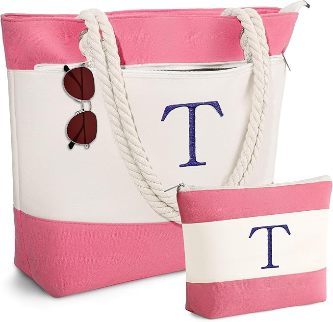 YOOLIFE Christmas Gifts for Women - Initial Canvas Tote Bag & Makeup Bag, Birthday Gifts for Women Mom Teacher Friend Sister