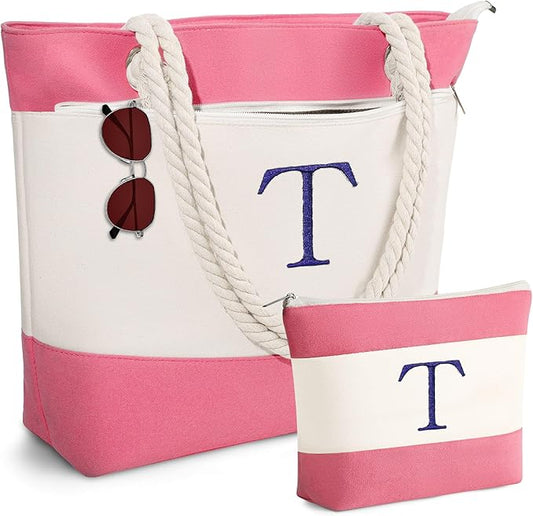 YOOLIFE Christmas Gifts for Women - Initial Canvas Tote Bag & Makeup Bag, Birthday Gifts for Women Mom Teacher Friend Sister