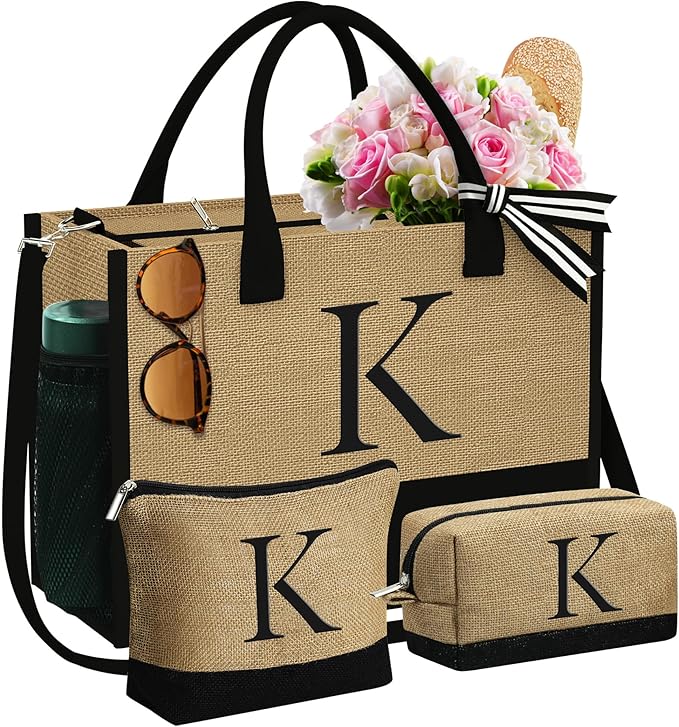 YOOLIFE Christmas Gifts for Women - Initial Jute Tote Bag & 2 Makeup Bags Birthday Gifts for Women Mom Teacher Friend Sister