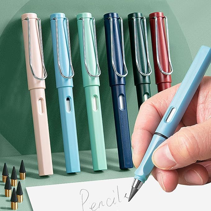 Infinity Forever Pencil Christmas Gift - 0.7mm Infinite Everlasting Metal Inkless Pencils Set with Eraser , No Need Sharpened, Replace Mechanical Pen for Drawing and Writing（6 Pens +6Replacement Tips）