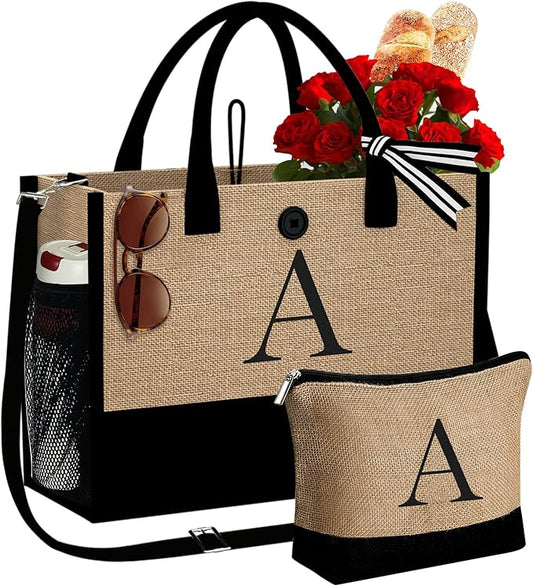 YOOLIFE Christmas Gifts for Women - Initial Jute Tote Bag & Makeup Bag, Birthday Gifts for Women Her Mom Teacher Friend