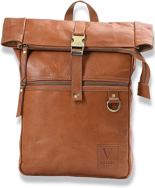 Genuine Leather Backpack for Women, Roll Top Backpack, Laptop Bookbag, Roll On Vintage Rucksack for College, Work & Travel, Brown, Medium - 15.3 Inch