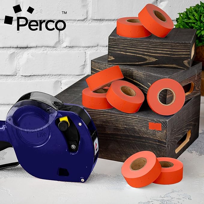 Perco 1 Line Fluorescent Red Labels - 8 Rolls, 1 Sleeve, 8,000 Blank Price and Date Gun Labels for Perco 1 Line Price and Date Guns - Made in USA