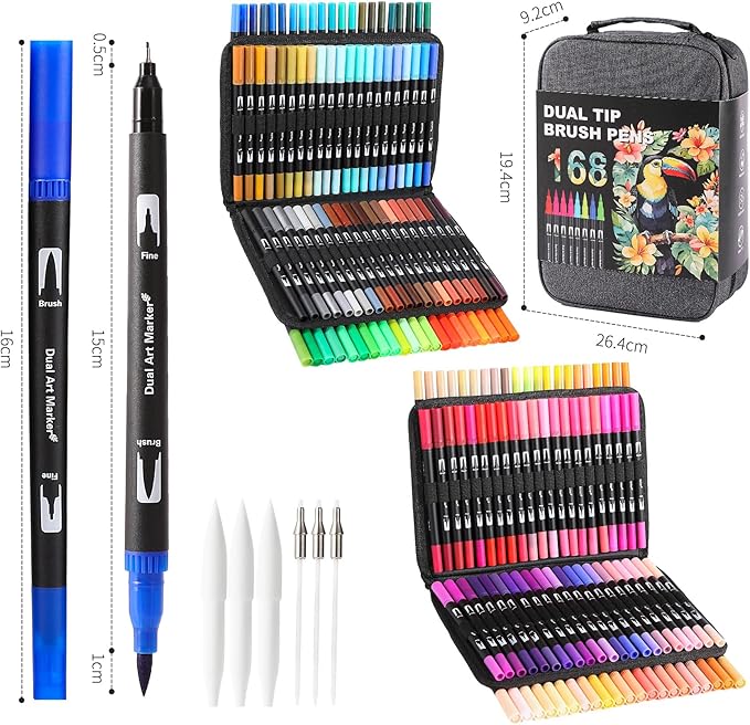 Double Brush Marker Pens, 168 Colors Art Markers Set with Fine Tip and Brush Tip for Kids Adult Coloring Book Hand Lettering Calligraphy Drawing Art Supplies Kit