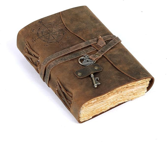 cuero Compass Vintage Leather Journal Antique Handmade Bound Journal with Deckle Edge Paper Diary Leather Sketchbook Drawing Journal Notebook Great Gift Men & Women (6X8 Inch)