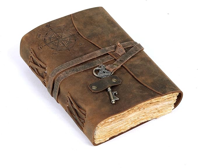 cuero Compass Vintage Leather Journal Antique Handmade Bound Journal with Deckle Edge Paper Diary Leather Sketchbook Drawing Journal Notebook Great Gift Men & Women (Caramel Brown, 11X8 Inch)